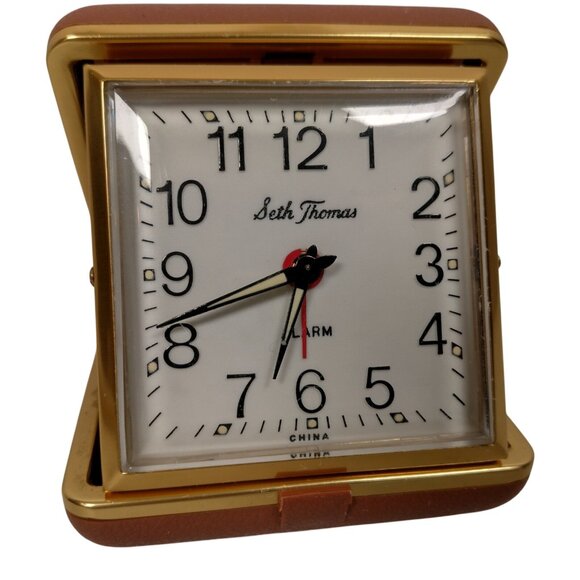 Vintage Seth Thomas Alarm Clock Travel Size Brown Foldable Plastic Case Glowing - Picture 2 of 16